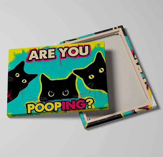Funny Black Cat Bathroom Canvas Wall Art - Are You Pooping? Colorful Humor Poster for Washroom, 16x24 Inch Framed Graffiti Print for Toilet Restroom, Pop Art Wall Decor, Gifts for Cat Lovers