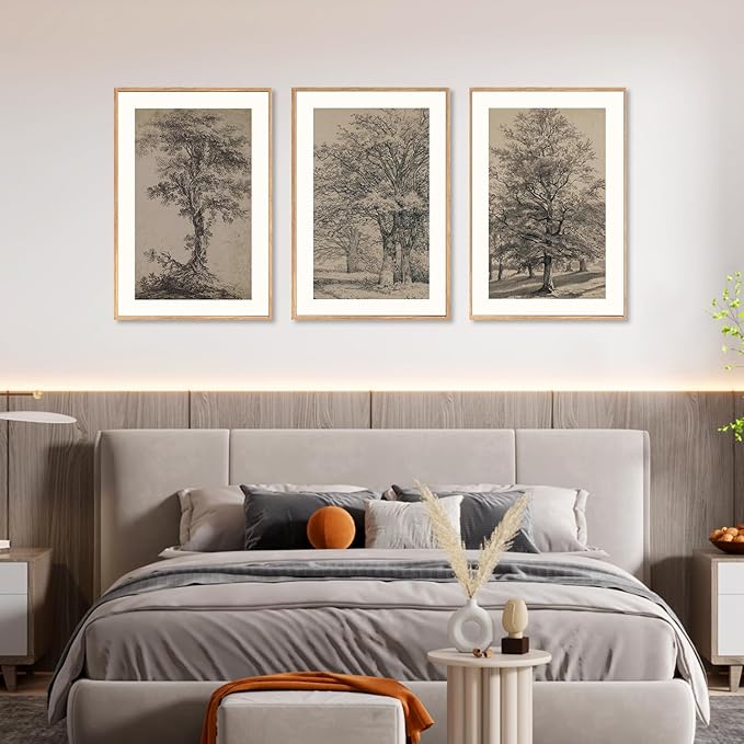 KAIRNE Vintage Tree Sketch Framed Canvas Wall Art Set, Antique Tree Drawings Wall Decor, Retro Forest Art Prints, Modern Nature Landscape Artwork for Living Room, Bedroom, Farmhouse, Office-24 x36 x3