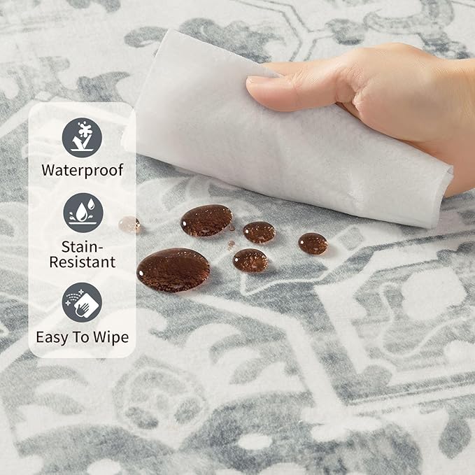 Rugxara 6x9 Washable Area Rug for Living Room, Neutral Vintage Large Boho Rugs for Office, Dining Room, Kids Room, Farmhouse, Durable Low Pile Non Slip Carpet for High Traffic Areas, Light Grey