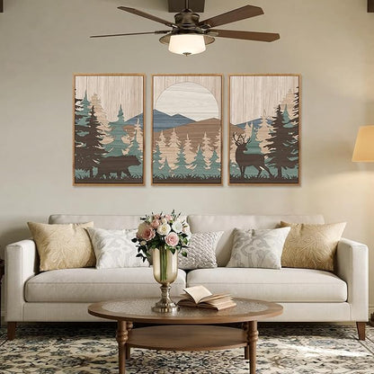 CHDITB Watercolor Woodland Bear Deer Wild Animals Framed Wall Art(Set of 3, 16”x24”), Retro Forest Mountain Sun Artwork Painting, Adventure Themed Nature Landscape Posters Print for Nursery Baby Boy