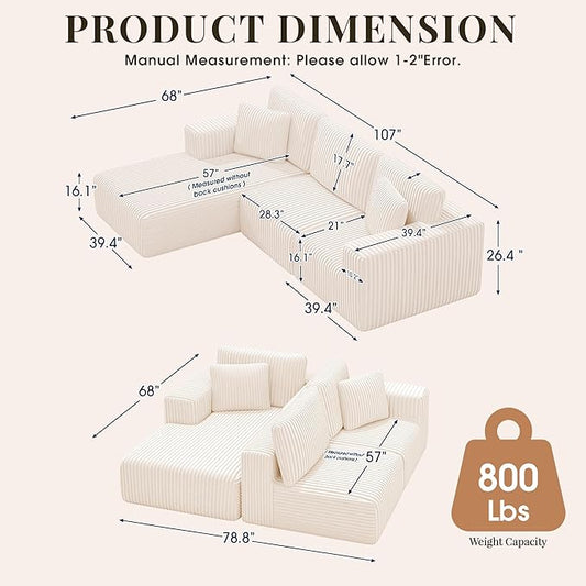 GRUSIGN 107'' Cloud Sectional Boneless Couches for Living Room, Modular L Shaped Couch with Deep Seat Oversized Left Facing Chaise, Memory Foam Compressed Spineless 3 Seater Sofa, Wide-Striped Beige