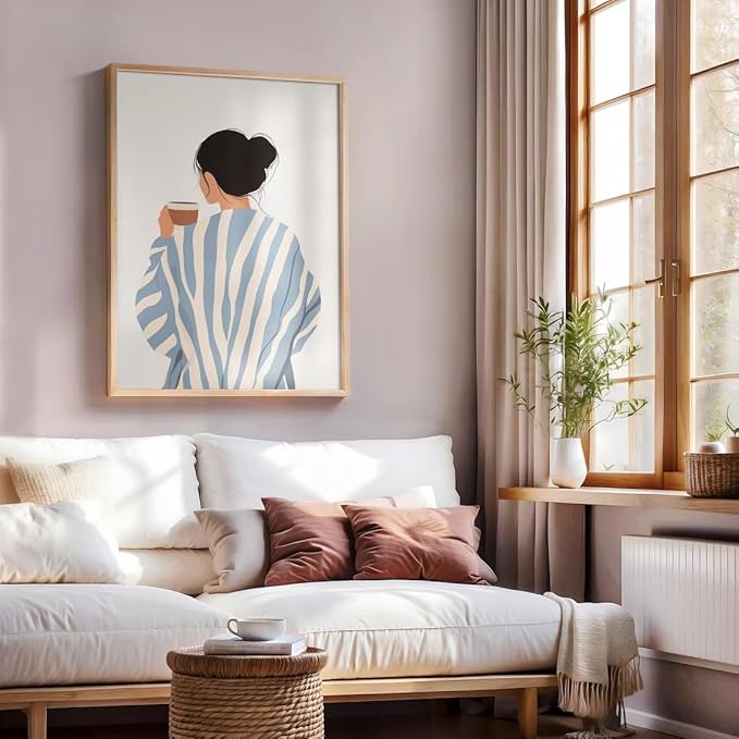 ZHBJSM Modern Minimalist Woman Wall Art Blue White Stripe Sweater Coffee Cup Soft Warm Tone Home Bedroom Living Room Kitchen Cozy Relaxed Inviting Interior Decor Accent Piece 16x24 Inch Unframed
