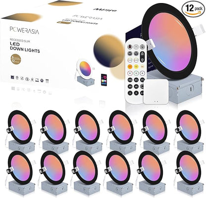 12 Pack Black Smart Recessed Lighting 6 Inch, Ultra-Thin 6 Inch LED Recessed Lights12W 1200LM Smart Downlight with Junction Box, Compatible with Alexa/Google Assistant and Siri - ETL and Energy Star