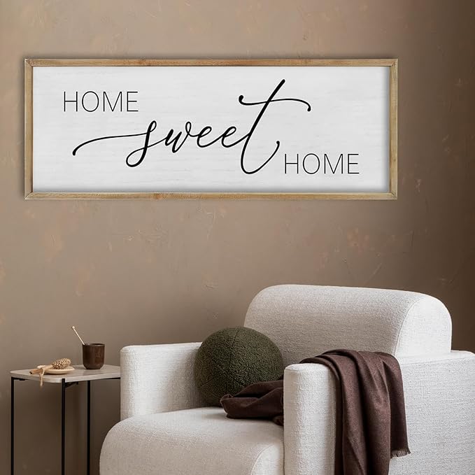 FZMHASLWW Living Room Wall Decor Home Sweet Home Sign 32"×12" Farmhouse Family Horizontal Plaque for Entryway Large Rustic House Modern Minimalist Wood Framed Wall Hanging Art (Wood)
