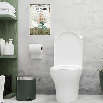 Mermaid Bathroom Tin Sign “Wash Your Tail” - Funny Metal Wall Art, Vintage 8x12 Inch Decor for Seaside, Beach House & Shower Bathroom Toilet Hotel