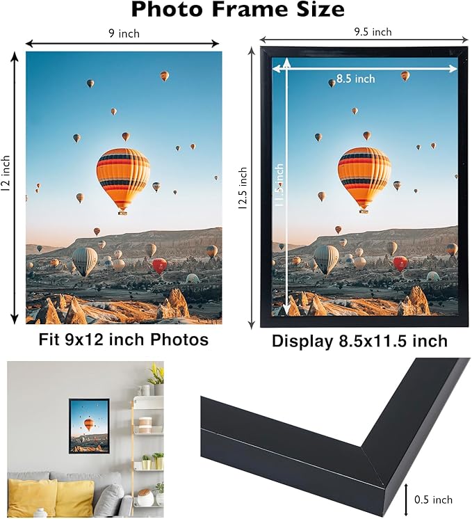 JCJMY 9x12 Black Picture Frame Set of 6, Horizontal and Vertical Formats for Wall Hanging, 9 x 12 Wall Gallery Poster Photo Frames with Shatter Resistant Plexiglass, 6 Pack, Black