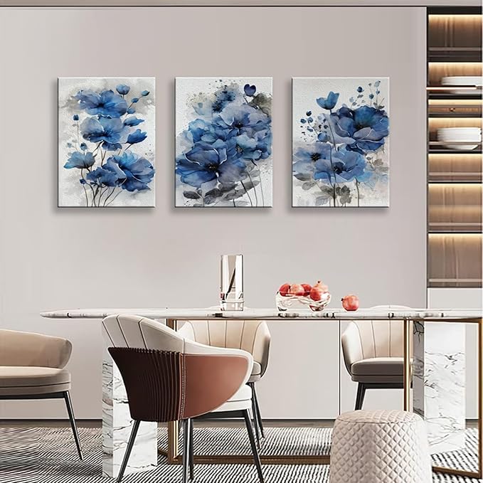 Blue Flowers Canvas Wall Art for Bedroom Home Decor - Artwork for Wall, Abstract Floral Wall Decor Print -Bathroom, Living Room, Kitchen Decor - Ready to Hang 3 Patchwork, 12x16inchx3pcs