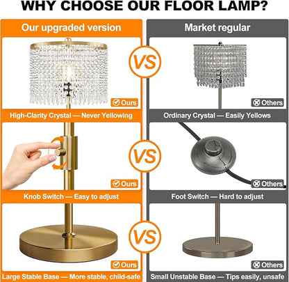 【Upgraded】 Dimmable Crystal Floor Lamps for Living Room, 1000LM LED Bulb Included, Standing Lamp with Knob Switch, Tall Gold Pole Light for Bedroom Nursery Office Corner Reading