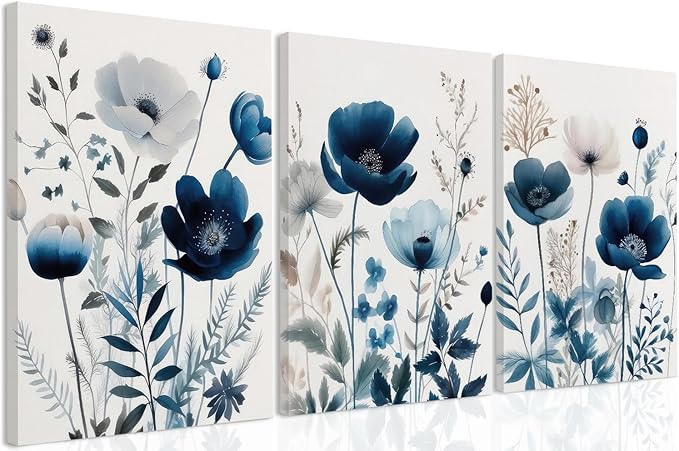 DUWQU 3 Pcs Blue Floral Canvas Wall Art, Elegant Navy Blue Wildflower Lily Daisy Wall Decor, Watercolor Botanical Flower Home Poster Art Prints for Living Room Bedroom Bathroom 16×24 Inches
