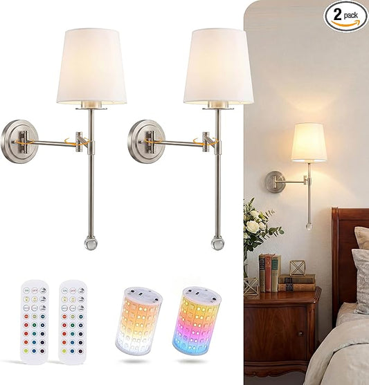 CLOUDY BAY 10000mAh Battery Operated Wall Sconces,Up to 100 Hours with Rechargeable RGB Dimmable Magnetic Bulb,Cordless Wall Lighting Fixtures with Remote for Bedroom,Brushed Nickel,2 Pack-18.6inch