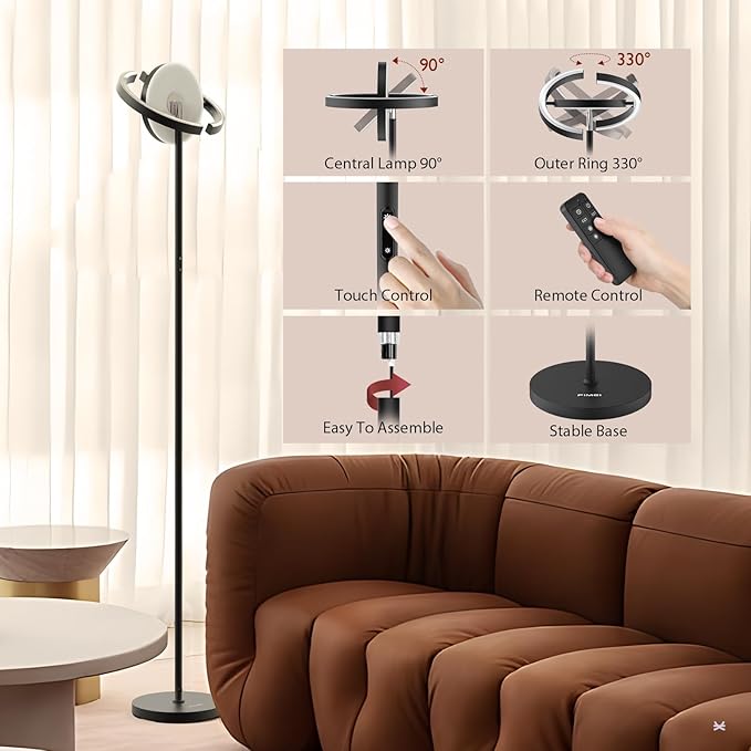 FIMEI Floor Lamp, 36W 2800LM Bright Modern Standing Lamp Rotatable for Multi-Angle Lighting, Eye-Protecting Dimmable, 3 Color Adjustable, Remote/Touch Control for Bedroom Office, Black