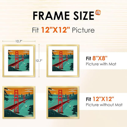 FIXSMITH 12x12 Picture Frame Gold Set of 2, Photo Frame with HD Plexiglass, Display Pictures 8x8 with Mat or 11x17 Without Mat, Gold Picture Frames Collage Wall Decor, Gallary Wall Frame