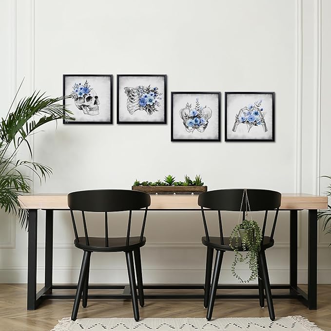 KREATIVE ARTS 4-Piece Gothic Skull Canvas Wall Art Set with Black Frame, 12x12 Each, Grey and Blue Floral Skeleton Anatomy Prints Framed Artwork Ready to Hang