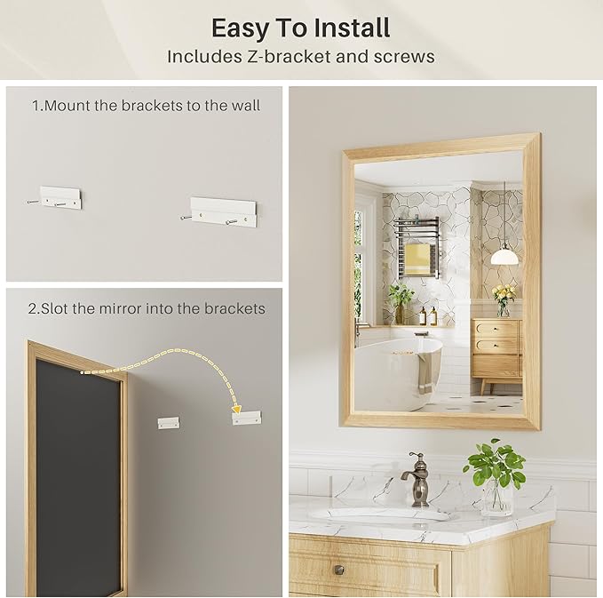 24x32 Inch Bathroom Mirror for Wall, Anti-Rust Oak Wood Grain Metal Framed Bathroom Mirrors for Over Sink,Rectangler Mirrors for Bathroom Vanity, Farmhouse, Bedroom, Living Room, Entryway Decor