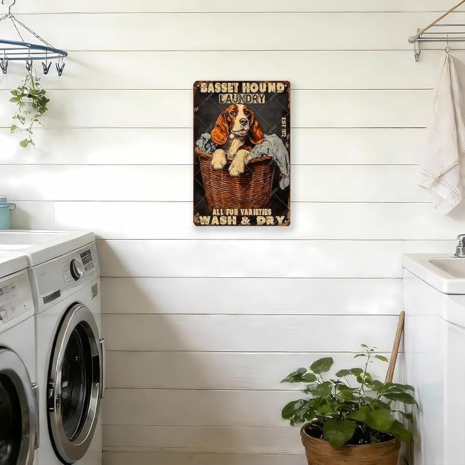 Retro Metal Poster Basset Hound Laundry Wash And Dry Metal Tin Signs Vintage Plaque Wall Decor for Home Laundry room Bathroom 16x12 Inch
