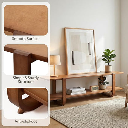 55" Bamboo TV Stand for 65 inch TV, Media Console Table with 2-Tier Shelves, Mid-Century Entertainment Center for Living Room, Bedroom, Walnut