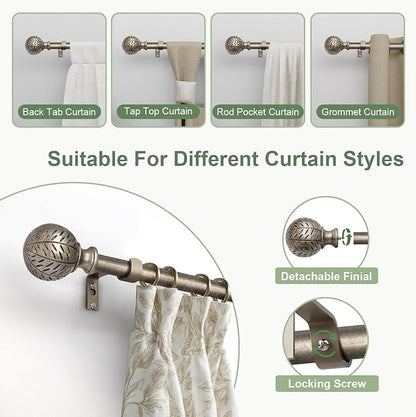 QDWIS 2 Pack Silver Curtain Rods for Windows 48 to 84 Inch,1'' Diameter Drapery Rods with Leaf Pattern Finials,Boho Adjustable Heavy Duty Curtain Rods Set,36-88'',Retro Silver