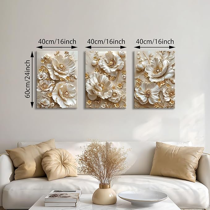 3 Pcs Modern Beige Gold Peony Floral Canvas Wall Art, Neutral Elegant 3d Beige Flowers Wall Painting White Blooming Floral Pictures Posters Art Print Home Decor for Bedroom Living Room Office 16x24x3