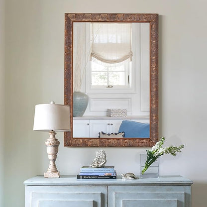 Chende Vintage Mirrors for Wall, 41'' x 29'' Bathroom Mirror with Feather Line Carving Wooden Frame, Retro Bronze Mirror for Living Room, Dining Room, Entryway