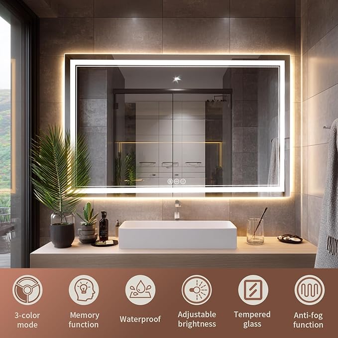 EOGOW LED Bathroom Mirror with Lights,32'' x 24''Backlit LED Mirror for Bathrooms with Anti-Fog,Dimmable,3 Colors Bathroom Mirror, Wall Mounted Horizontal/Vertical Vanity Mirrors,Tempered Glass