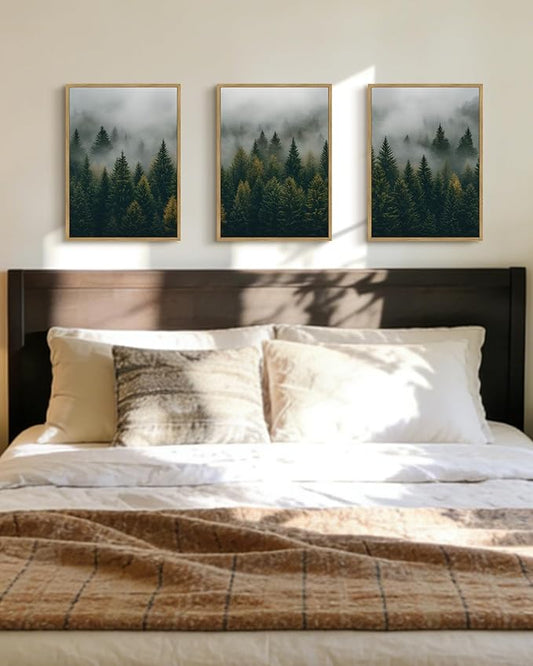 Drsoum Fog Pine Tree Landscape Wall Art Framed Nature Misty Nordic Forests Prints Morden Farmhouse Rustic Artwork Hallway Bathroom Ready to Hang 11x14in Natural Framed