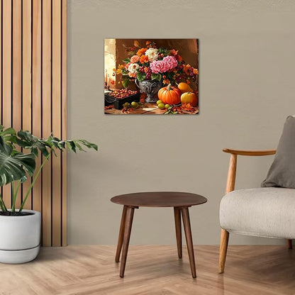 LB Fall Pumpkin Floral Wall Art Vintage Autumn Harvest Fruit Flower Canvas Wall Art Modern Aesthetic Wall Decor for Living Room Bedroom Restaurant Home Decoration Framed Ready to Hang 16L x 20W