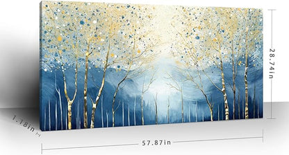 Oversized Abstract Plant Wall Art For The Living Room, Blue And Yellow Birch Forest Canvas Print, Modern Natural Horizontal Wall Decor For Bedrooms, Bathrooms, Dining Rooms, And Entryways. 58X29 Inches.