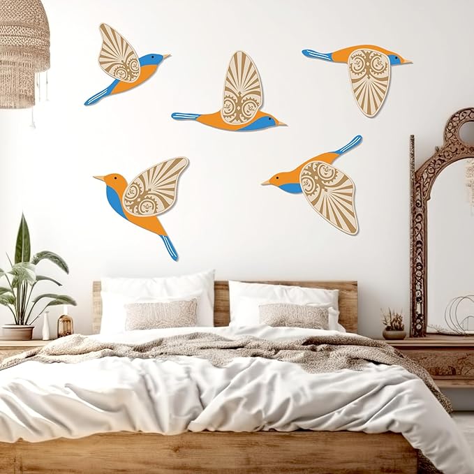 KOYILTD 5 Piece Bird Wood Wall Sculptures Wooden Wall Art Decor Scandinavian Home Decorations Flying Bird Wall Decor Farmhouse Wall Art for Home Living Room Bathroom Dining Room (Blue orange)