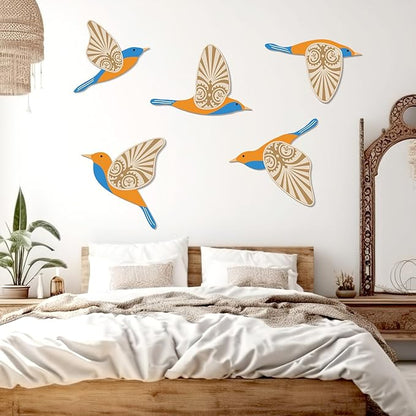 KOYILTD 5 Piece Bird Wood Wall Sculptures Wooden Wall Art Decor Scandinavian Home Decorations Flying Bird Wall Decor Farmhouse Wall Art for Home Living Room Bathroom Dining Room (Blue orange)