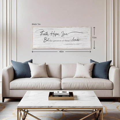 Faith Hope and Love Bible Verses Framed Wall Sign For Family Living Room Kitchen Farmhouse Dining Room Vintage Boho Wall Art Decoration For Living Room Bedroom, 40 x 15 Inch, White