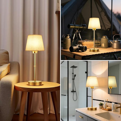 FRIDEKO HOME Rechargeable Table Lamp Gold - Cordless Battery Operated Lamp, Fabric Shade Desk Lamp, Wireless Lamp for Decor Bedroom Dining Table Counter (2pcs-Linen-Bulb Included-15.7in)
