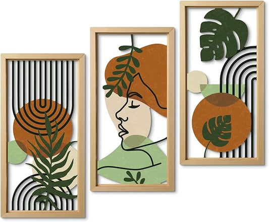 Putuo Decor Set of 3 Boho Wall Decor with Woman Face, Abstract Wall Art Botanical Cut-Out MDF Panels, Mid-Century Modern Aesthetic Artwork for Bedroom Living Room Office