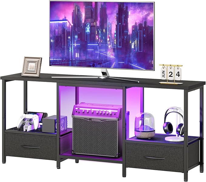 HOOBRO LED TV Stand with Storage, LED Entertainment Center with Open Shelves and Drawer, Fits TVs up to 55", Television Stand for Living Room, Bedroom, Black BB123DDS01G1