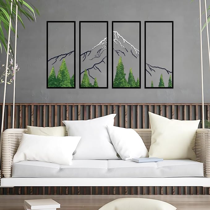 ruelen 4 Pcs Metal Mountain Forest Snow Mountain Wall Decorations，Abstract Minimalist Line Drawing Colorful Mountains Wall Art Home Decor for Living Room Bathroom Bedroom Office（Green，Small）