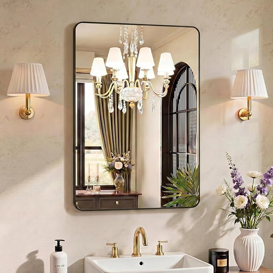 OLIXIS Bathroom Mirror for Over Sink, 36x24 Inch Wall Mount Mirror with Rounded Rectangle and Matte Metal Framed, Modern Wall Vanity Mirror for Home Decor, Living Room, Bedroom, Black