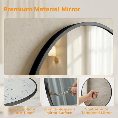 DUMOS 28 Inch Round Wall Mirror, Bathroom Mirror with Metal Frame, HD Reflection Shatterproof Glass Vanity Mirror, Decor for Bathroom Vanity Bedroom Entryway, Black