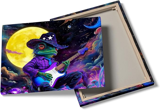 12x16 Trippy Space Purple Frog Canvas Wall Art, Watercolor Framed Outer Funny Guitar Player Kids Sci-fic Room Decor Teen Boy Bedroom Cool Posters Children Home Prints Painting for Living Room Bathroom
