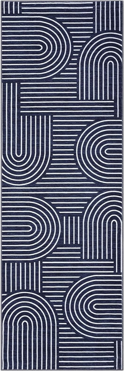 ROYHOME Modern Rug 2.5x10 Runners for Hallways, Abstract Kitchen Runner Rugs Non Slip Bath Mat, Rainbow Washable Runner Rug for Bedroom, Soft Long Rugs for Entryway Bathroom Laundry Dorm, Blue