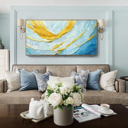 Nicetop Extra Large Framed Abstract Canvas Wall Art – Blue Gold Modern Oversized Picture Flowing Lines Art Print – Horizontal Wall Decor with Wood Frame for Living Room Bedroom Home Office 58x29Inch