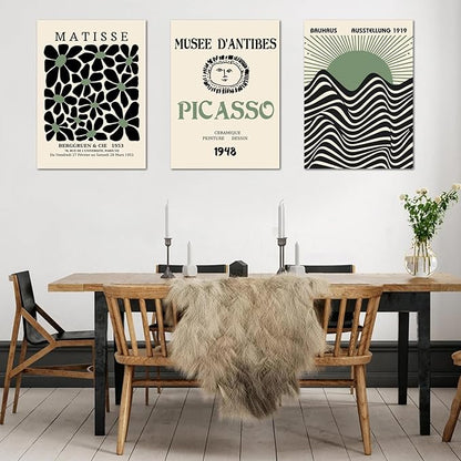 Sage Green Wall Posters & Prints, Green Matisse Wall Art Set of 3, Abstract Matisse Framed Wall Art Decor, Minimalist Geometric Line Green Canvas Artwork Paintings for Living Room, Bedroom, Office