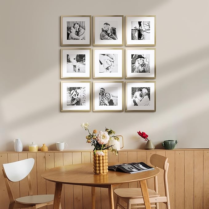 ArtbyHannah Square Picture Frame, Gold Gallery Wall Frame Set Display Pictures 8x8 inch with Mat or 12x12 inch Without Mat, Wall Hanging Photo Frame for Living Room or Staircase Decoration (9 Pack)