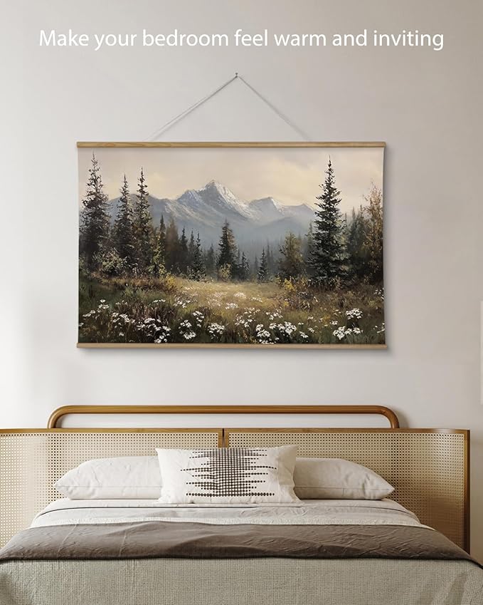 ARPEOTCY Extra Large Vintage Framed Wall Art, 36x54 Inch Wildflower Mountain Forest Hanging Framed Canvas Prints Scroll Wall Art Decor for Living Room Bedroom, Retro Scenery Pictures Above of Bed