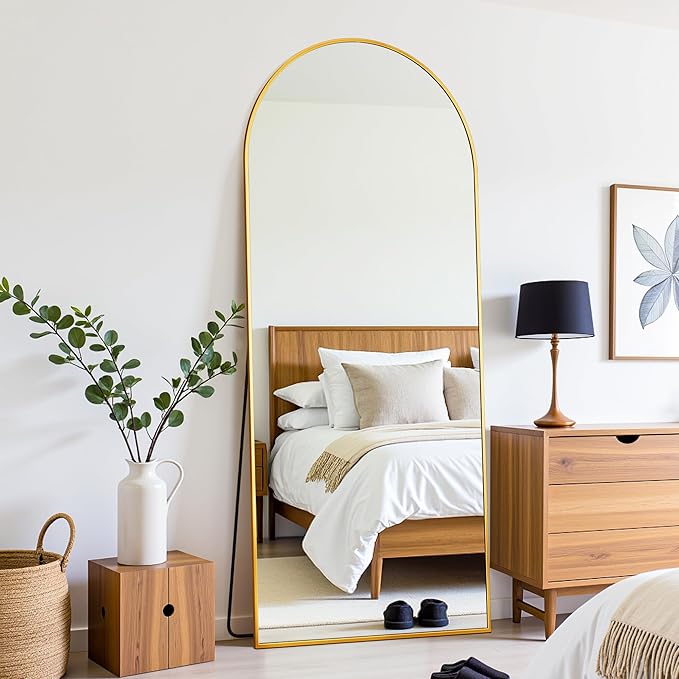 58"×18" Arched Full Length Floor Mirror, Standing Mirror with Aluminum Frame, Large Body Mirror of Free Standing/Wall Mount/Leaning for Bedroom, Living Room, Dressing Room, Gold