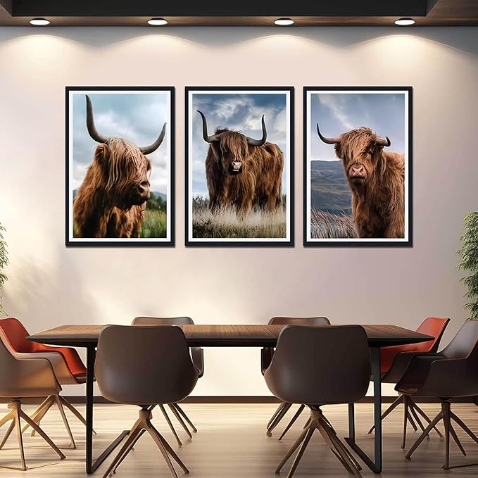 Funny Highland Cow Framed Canvas Wall Art 3 Pieces Highland Cow Portrait Wall Decor for Country Apartment Living Room Bedroom Rustic Vintage Animals Artwork Decoration Easy to Hand 24x36inchx3pcs