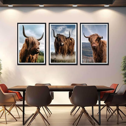 Funny Highland Cow Framed Canvas Wall Art 3 Pieces Highland Cow Portrait Wall Decor for Country Apartment Living Room Bedroom Rustic Vintage Animals Artwork Decoration Easy to Hand 24x36inchx3pcs