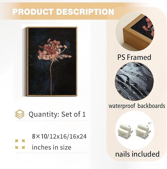 WALLZK Vintage Framed Wall Art Moody Botanical Wall Decor Dark Dried Flower Minimalist Canvas Prints Pictures Rustic Retro Artwork for Walls Living Room Bedroom Bathroom 16"x24"