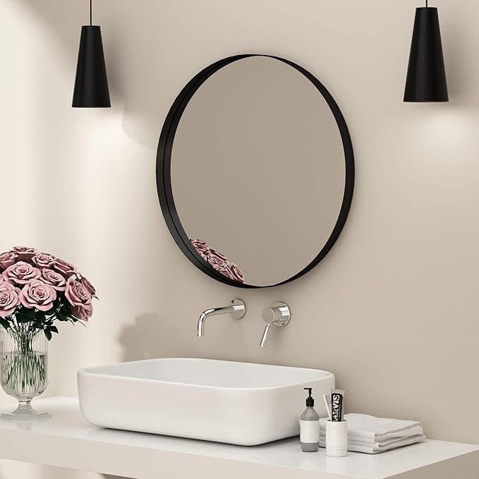 LYYYXGYP Black Round Wall Mirror for Bathroom 24x24 Inches Stainless Steel Metal Frame Mirror for Wall Hanging Wall Mounted Mirror
