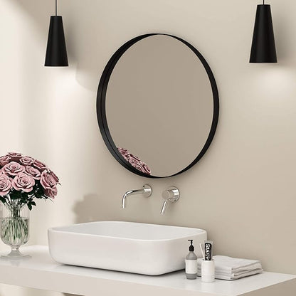 LYYYXGYP Black Round Wall Mirror for Bathroom 24x24 Inches Stainless Steel Metal Frame Mirror for Wall Hanging Wall Mounted Mirror