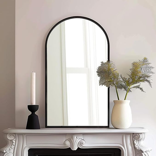 Dewfig Arched Wall Mounted Mirror, 42"x24", Arch Black Mirror for Bathroom Vanity, Living Room or Bedroom, Entryway, Hallway Wall Mirror, Farmhouse Decorative Mirror for Hanging, Black, Iron Frame