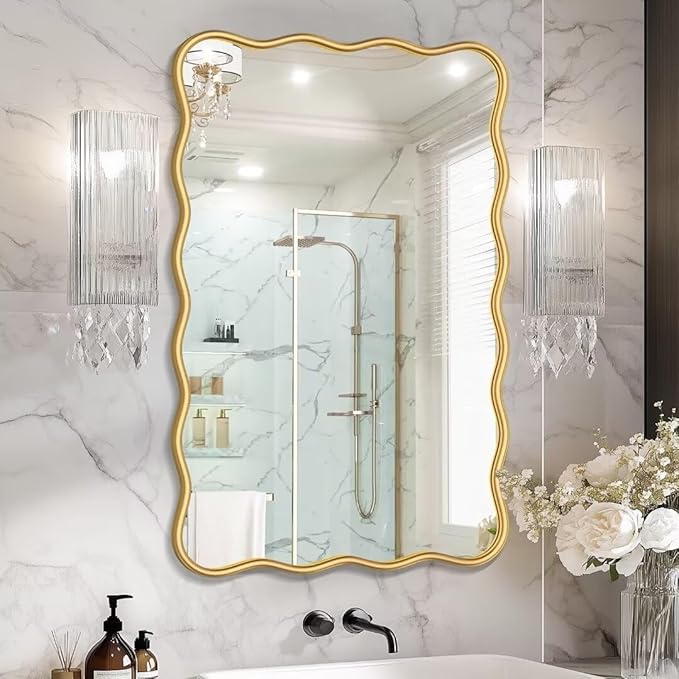 PROHOMEWARE 24 * 36" Gold Bathroom Mirror for Wall,Wavy Rectangular Mirror,Vanity Mirror,Bathroom Mirrors for Wall,Wall-Mounted Metal Frame Mirror for Bedroom Entryway Living Room Farmhouse (Gold)